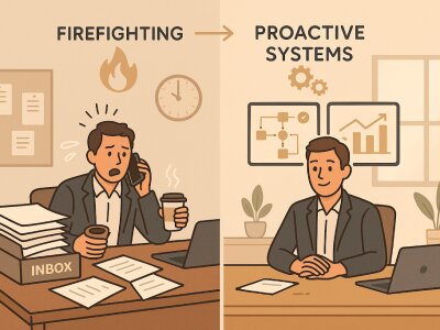 Split-scene office: left shows a cluttered desk, overflowing inbox, and stressed owner juggling a ringing phone and coffee; right shows the same owner calm at a tidy desk with dashboards of automated workflows and a subtle overlay transitioning from fi...