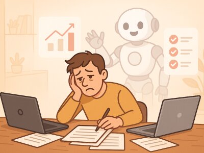 A tired small business owner copies data between two laptops amid scattered papers while a friendly robot in the background offers a helping hand with floating charts and checklists—signaling the shift from manual work to reliable automation.