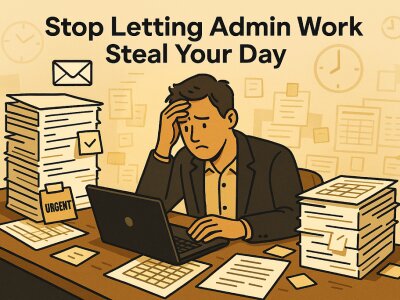 Editorial-style scene of a mid-career entrepreneur at a modern office desk, surrounded by piles of paperwork, approval forms, spreadsheets, and urgent sticky notes. Warm lighting, subtle overlays of clocks and email notifications, realistic yet optimis...