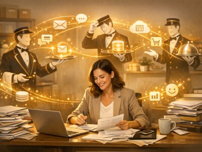 Small business owner at a desk surrounded by paperwork and devices as glowing lines and app icons connect tools like a helpful digital concierge, signaling calm, seamless API-powered automation.