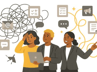 Modern, colorful illustration of a small, diverse team surrounded by swirling icons for emails, checklists, chat bubbles, marketing, and order forms. Left side shows tangled, chaotic icons; right side shows smooth, flowing automation—conveying a shif...